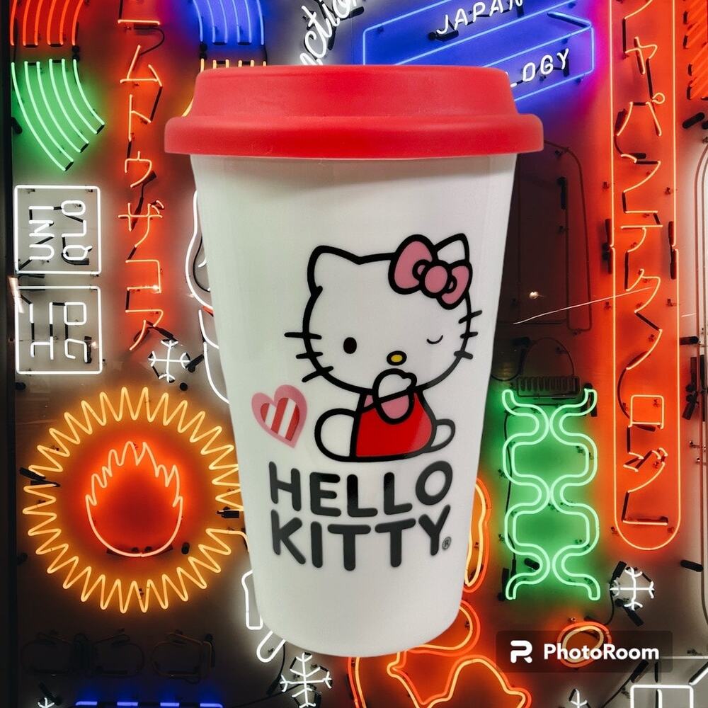 Hello Kitty Sanrio 12 Fl Oz White Ceramic Travel Commuter Mug With Red Lid
